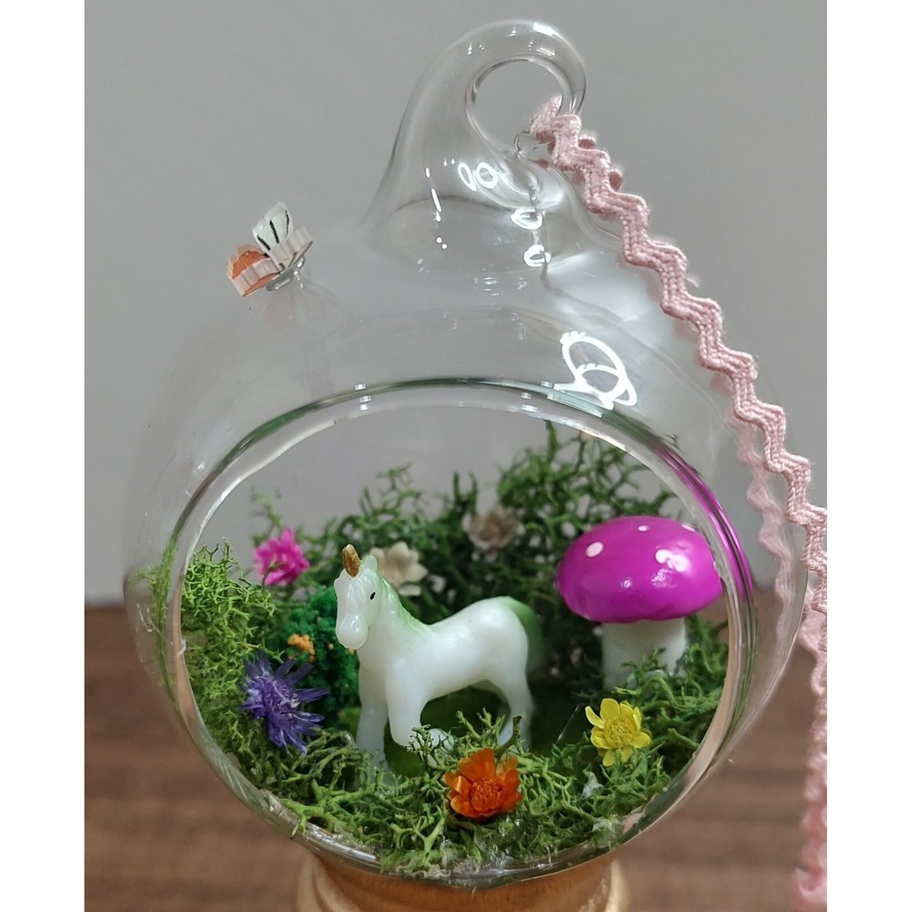 Handmade Glass Diorama Christmas Ornament Unicorn Horse Mushroom Fairy Garden